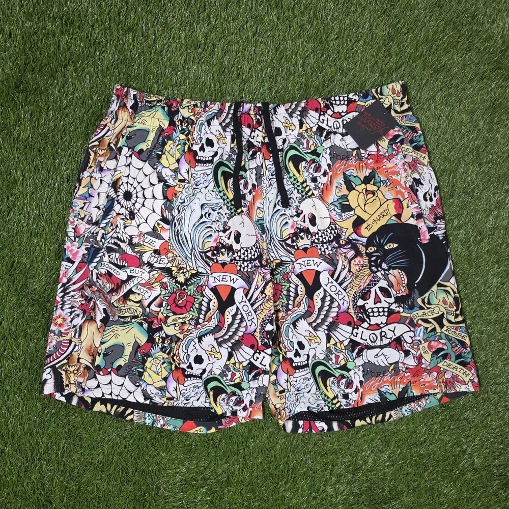 Ed by Ed Hardy Tattoo Collage Snake Skull Panther Mesh Shorts Men’s Sz Large New